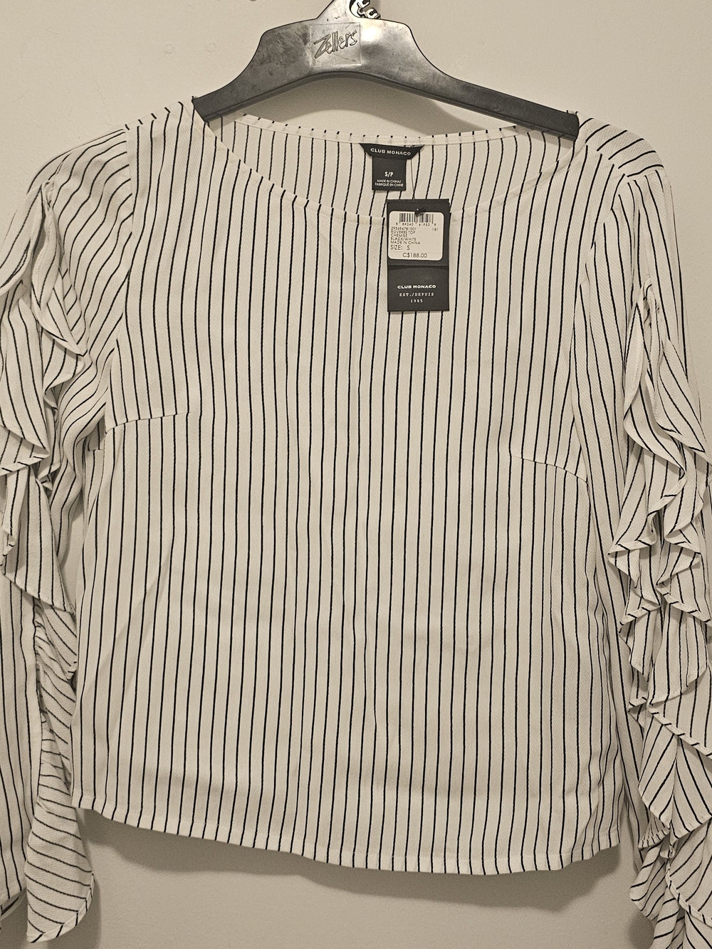 Club Monaco White and Black Vertical Stripe Ruffle-Sleeve Top
